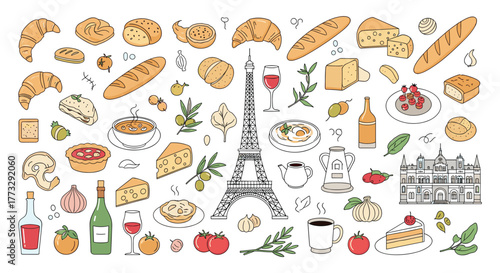 A charming collection of hand-drawn French food items, iconic landmarks like the Eiffel Tower, and cultural symbols, perfect for designs celebrating Paris.