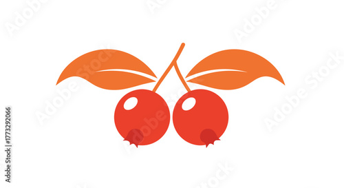 Simple illustration of two red berries with orange leaves, perfect for a logo, icon, or design element related to fruit, nature, and healthy food.