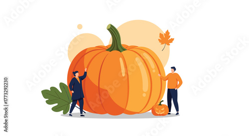Two people admiring a giant pumpkin, surrounded by autumn leaves and a small carved Halloween pumpkin, depicting harvest season activities.