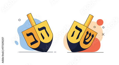 Two colorful dreidels, traditional spinning tops for the Jewish festival of Hanukkah, with Hebrew letters, symbolizing the joy and games of the holiday season.