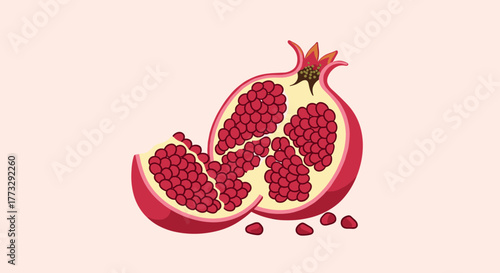 A brightly colored vector illustration features a cut pomegranate, revealing its glistening red arils, along with a smaller wedge and loose seeds, all presented on a gentle, light pink background.