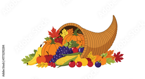 A vibrant cartoon illustration of a traditional cornucopia, or horn of plenty, overflowing with a bountiful harvest of autumn fruits, vegetables, and colorful fall leaves on a white background.