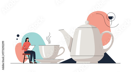 A young woman enjoys a moment of quiet reflection or focused study during a relaxed tea or coffee break, accompanied by a steaming cup and a large teapot.
