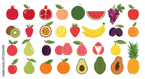 A vibrant collection of fresh and healthy fruits, featuring common and tropical varieties like apples, watermelon, kiwi, berries, and citrus, illustrated in a pixel-art style on white.