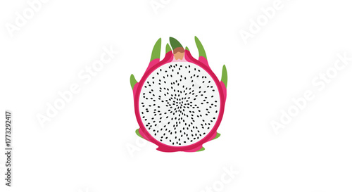 Vibrant illustration of a sliced dragon fruit, revealing its white flesh dotted with numerous small black seeds, and its characteristic pink skin with green scales.