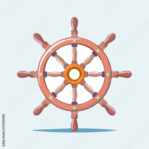 Wooden Ship Steering Wheel Isolated on a Light Blue Background.