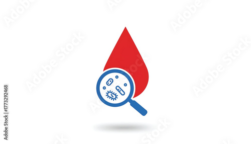 Vector of blood drop and magnifier with pathogen, infection, bacterium. Symbol of sepsis. Icon of bacteria, virus 