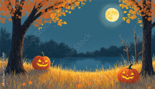 Peaceful Halloween Night Landscape with Pumpkins and Full Moon