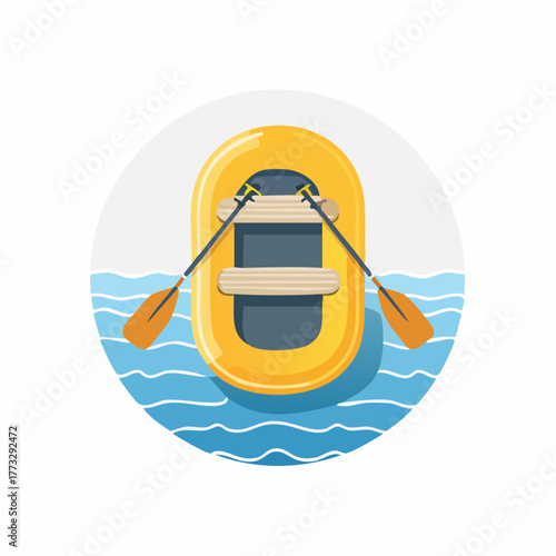 Yellow inflatable raft floating on blue water with oars.