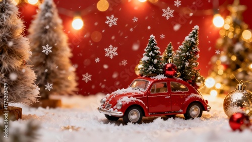 A festive miniature scene featuring a red vintage car carrying small Christmas trees, set against a warm red backdrop with twinkling lights and falling snowflakes.