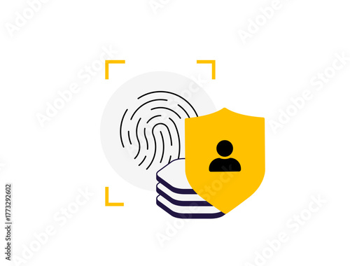 Biometric data protection secures sensitive fingerprint records, personal identity information with layered encryption for GDPR-compliant privacy. Biometric data fraud prevention vector illustration