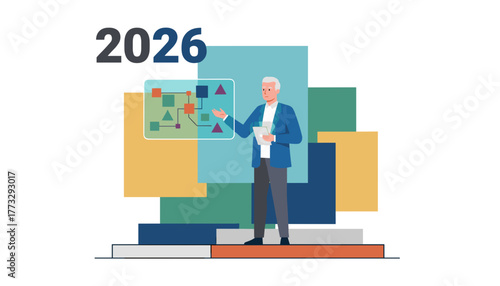 Senior executive presenting the 2026 business strategy using a digital flowchart visualization