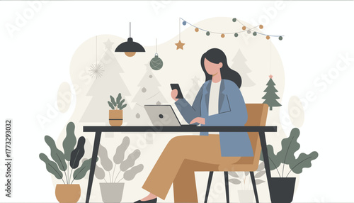 Freelancer works on laptop and phone in a cozy festive Christmas office setting