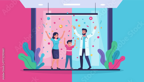 Happy family and doctor celebrate successful medical treatment with confetti