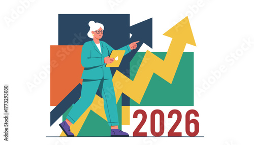 Senior executive pointing to strong financial growth and future success in 2026