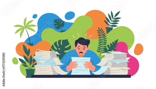 Stressed worker dealing with massive paperwork overload and deadline pressure Business bureaucracy concept