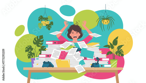 Stressed woman overwhelmed by giant stack of office paperwork and binders