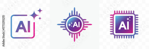 Artificial intelligence AI processor chip icon. colorful AI processor chip logo with star symbol for app, Mini AI CPU icon collection and AI Chip on a Circuit Board. vector illustration.