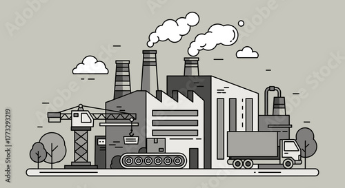 Greyscale illustration of a busy industrial complex with chimneys crane and delivery truck