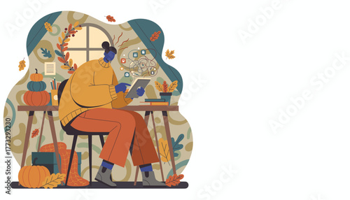 Digital overload Remote work stress in autumn Person struggling with tangled app icons on tablet