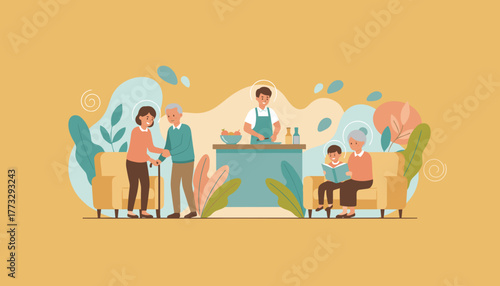 Family generations care cooking and reading together in a warm helpful domestic scene