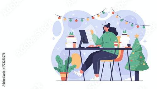 Woman dealing with holiday work stress and deadlines in a Christmasdecorated office
