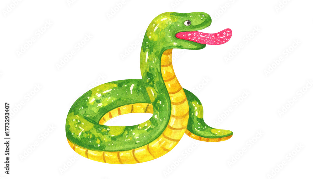Naklejka premium Watercolor Illustration of a Green Snake with Pink Tongue.