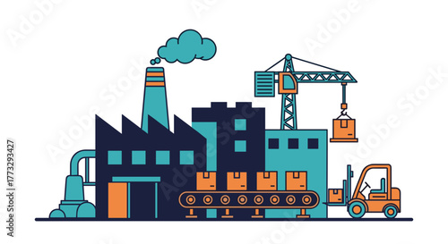 Factory building with chimney production line crane and forklift Supply chain and logistics
