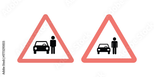 Two triangular road warning signs depicting a car and a person indicating a pedestrian crossing or hazard ahead