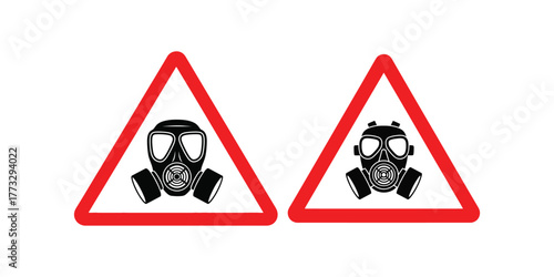 Two triangular warning signs with red borders featuring black gas mask icons indicating danger and hazard