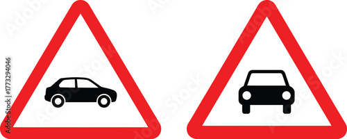 Two triangular red border warning signs depicting black car silhouettes on a white background