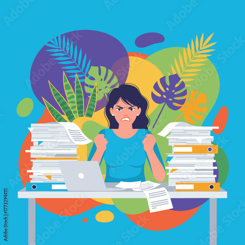 Furious worker overwhelmed by extreme workload and bureaucracy Stress and burnout concept