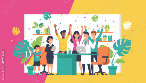 Diverse team celebrating business success and healthcare triumph with a happy superhero child