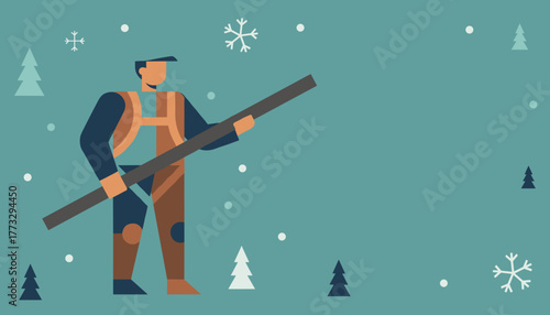 Industrial worker in safety gear holds a pipe in a flat winter landscape illustration