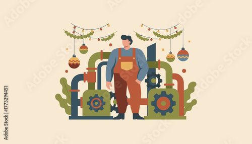 Industrial Christmas Worker in overalls next to decorated machinery Holiday production illustration