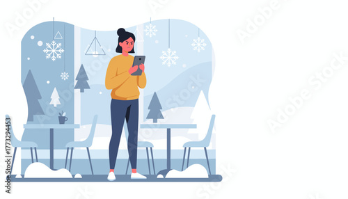 Angry woman checks phone inside a cafe during winter Frustration bad news and digital problems