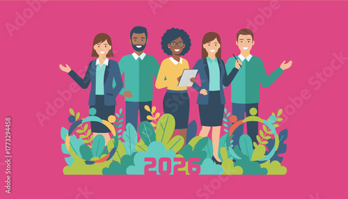 Diverse professional team standing together symbolizing future success and 2026 growth