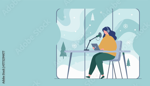 Cozy woman recording a winter podcast or broadcast at her desk flat vector illustration