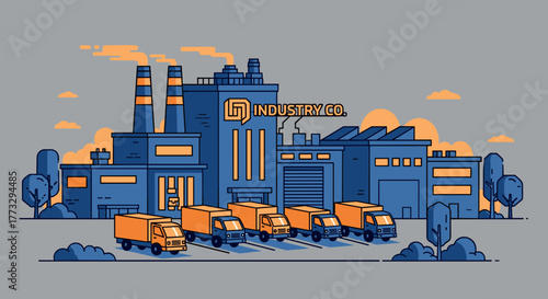 Industrial factory buildings and fleet of delivery trucks Manufacturing logistics supply chain concept illustration