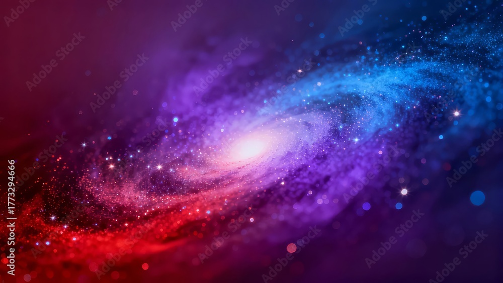 Obraz premium A vibrant and colorful depiction of a spiral galaxy, showcasing swirling patterns of stars and cosmic dust in hues of purple, blue, and pink.