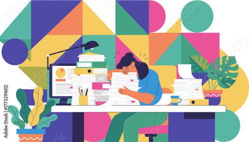 Stressed worker overwhelmed by huge workload and paperwork experiencing burnout at the office desk