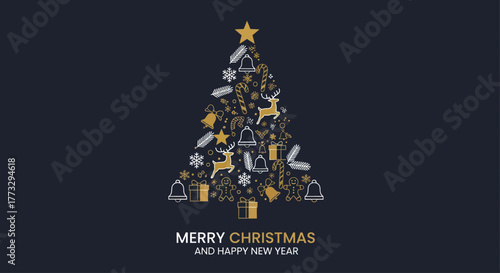 A festive Christmas tree silhouette adorned with golden ornaments, including stars, bells, snowflakes, reindeer, and gifts, against a dark blue background wi...