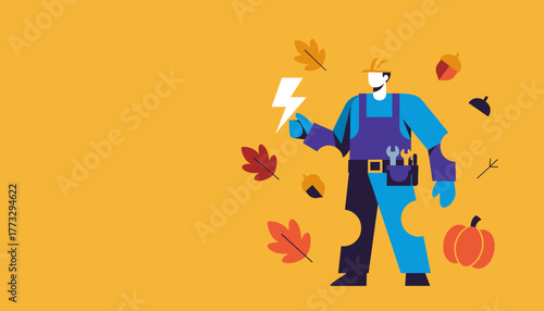 Fall service concept Handymanelectrician illustration with lightning bolt leaves and pumpkin on orange