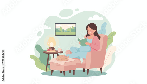 Happy pregnant woman relaxes at home reading a book in an armchair with her sleeping cat Cozy lifestyle