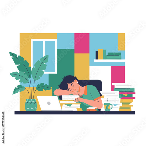 Exhausted worker sleeping on documents overwhelmed by large workload and pressure