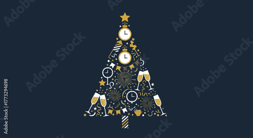 A festive Christmas tree silhouette adorned with golden New Year's Eve elements like clocks, champagne flutes, and stars, set against a dark blue background.