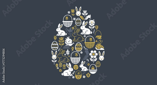 A collection of minimalist Easter icons including bunnies, chicks, and baskets arranged into a large egg shape.