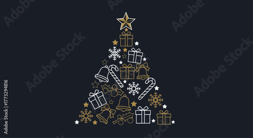 A festive Christmas tree silhouette composed of various holiday icons, including gifts, snowflakes, candy canes, and bells, set against a dark background.
