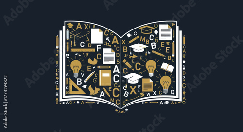 An open book illustration, filled with academic icons, representing education and learning.
