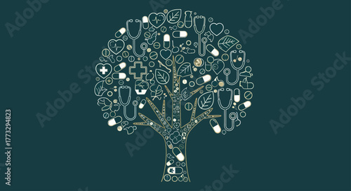 An illustration of a tree formed from medical icons and symbols, representing healthcare.